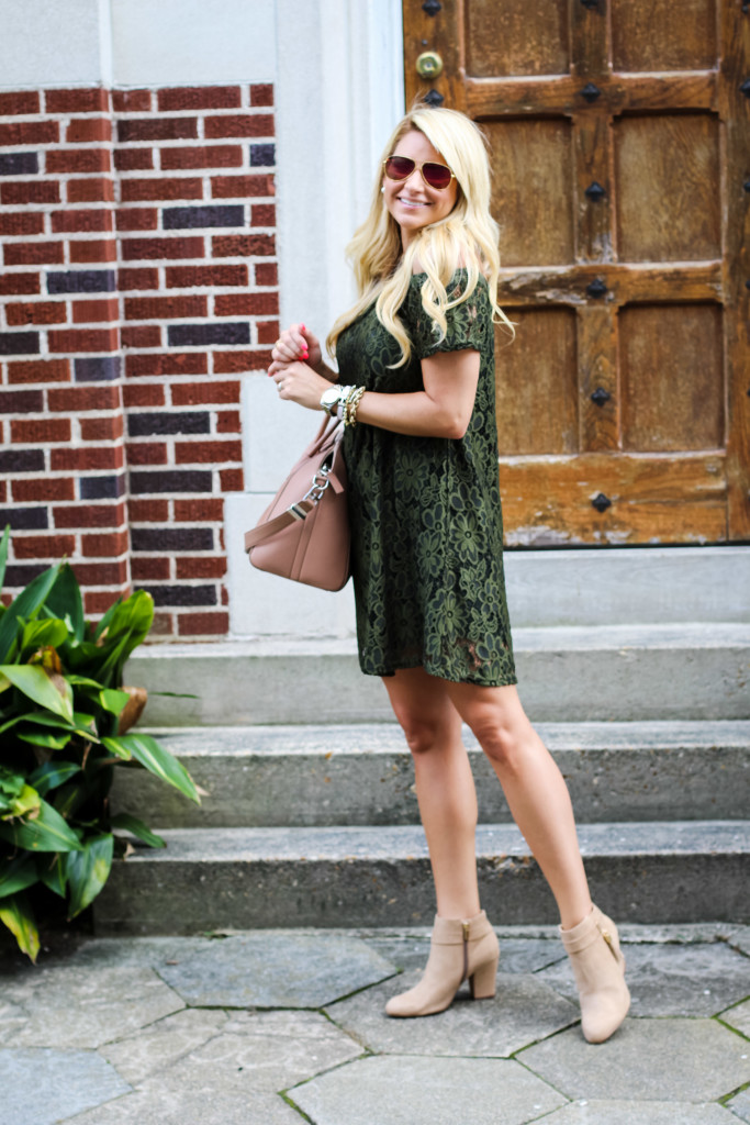 river island lace off shoulder dress with river island booties and givenchy bag