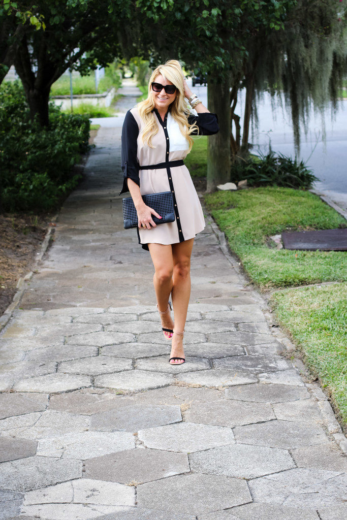 river island long sleeve shirt dress  with river island hels and spike bag