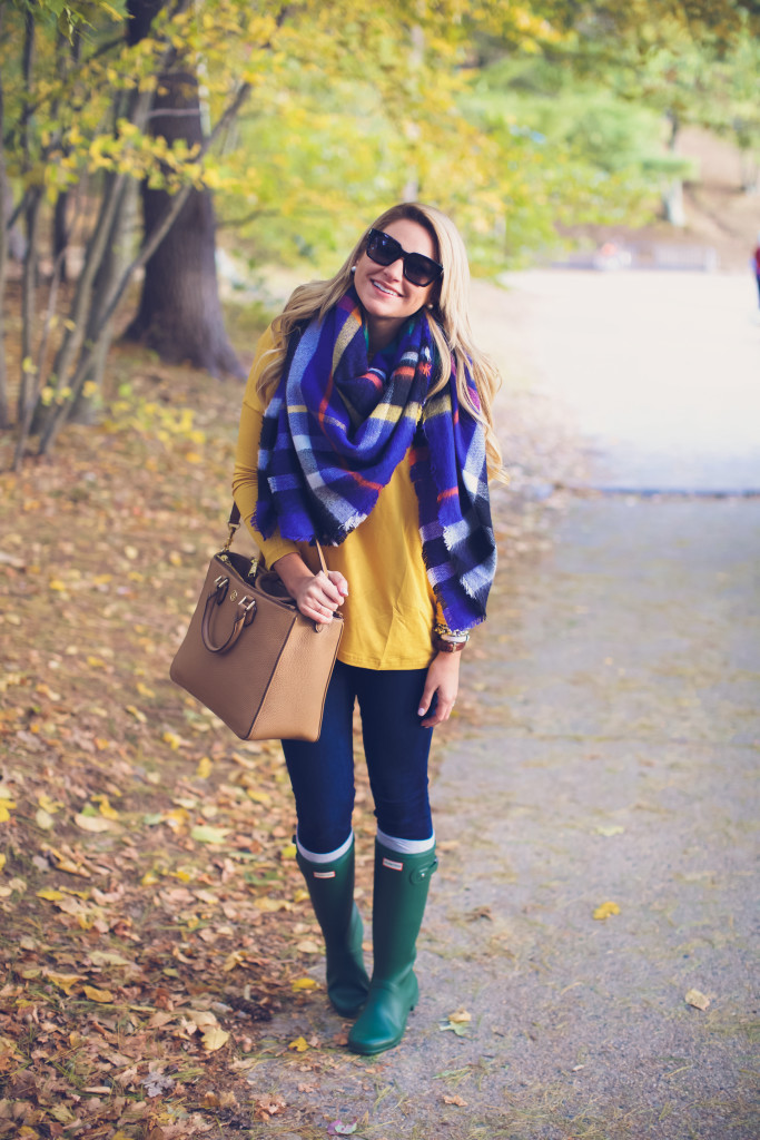 How to tie a Blanket Scarf. The best blanket scarf for fall. Fall plaid Fall fashion. How to wear a hunter boots in New England-3
