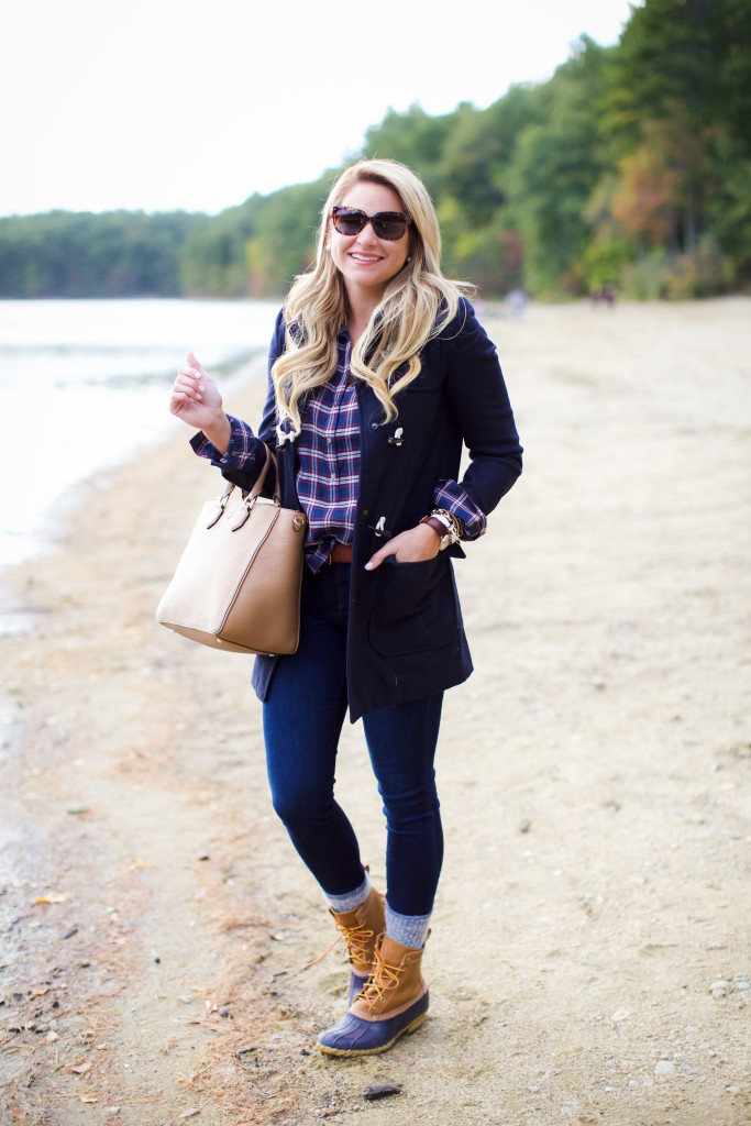 How to wear LL Bean Boot with Plaid Shirt and Toggle Coat New England Sweater Weather Fall Fashion-9