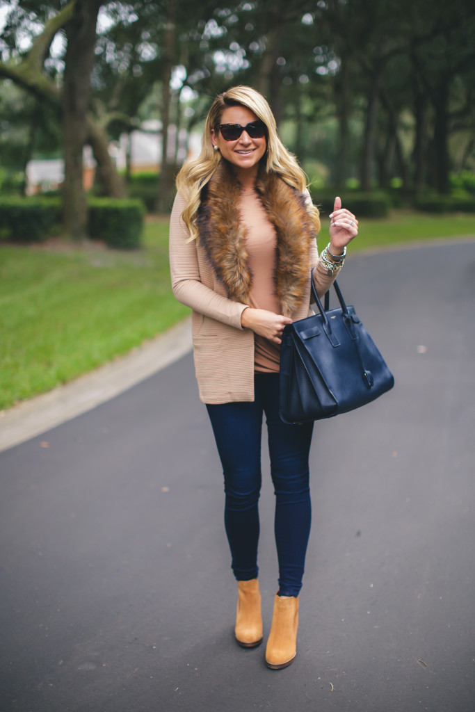 River Island Fur Coat with Saint Laurent Bag and Tan Booties-3