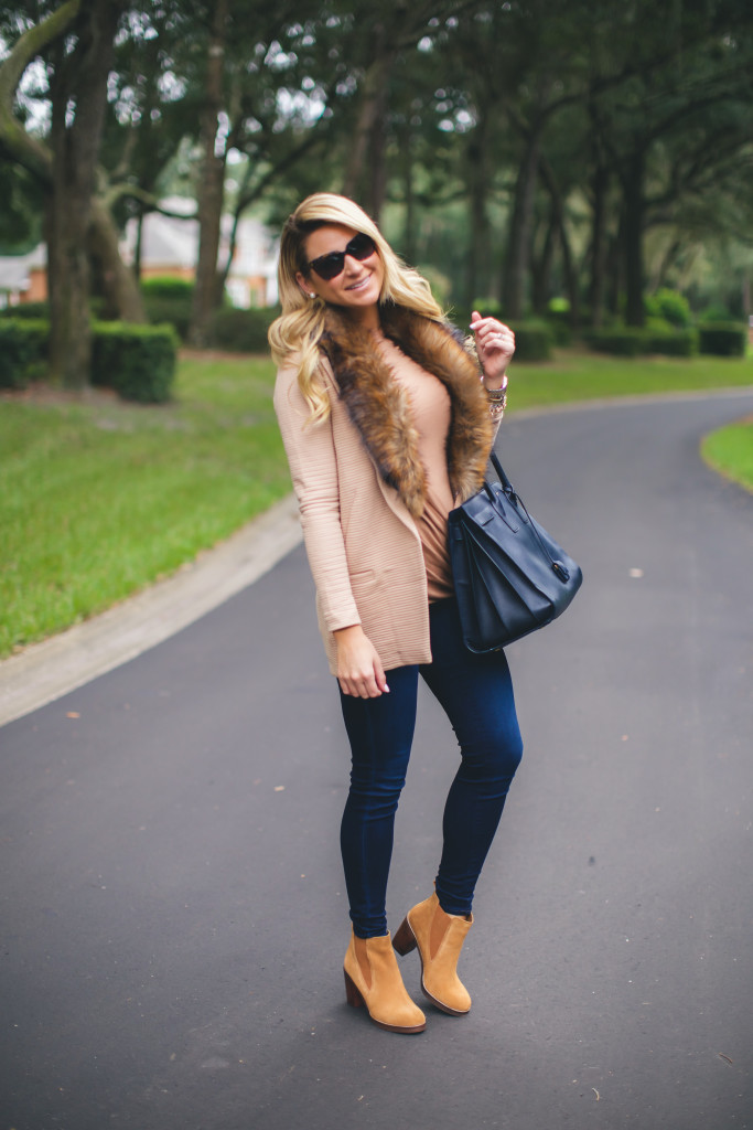 River Island Fur Coat with Saint Laurent Bag and Tan Booties-4