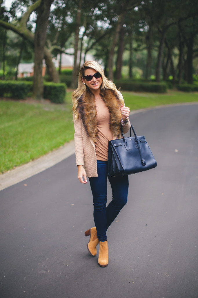 River Island Fur Coat with Saint Laurent Bag and Tan Booties