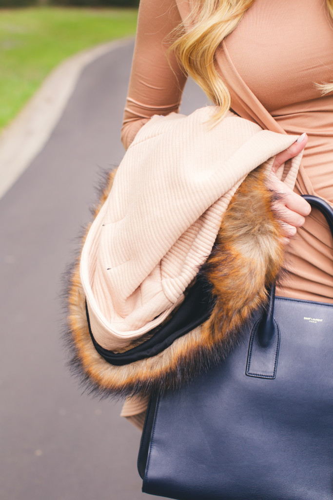 River Island Fur Coat with Saint Laurent Bag and Tan Booties-7