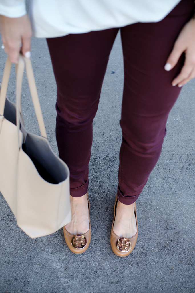 River Island White Top Saint Laurent Tote Tory Burch Reva Flats Wine Jeans-12