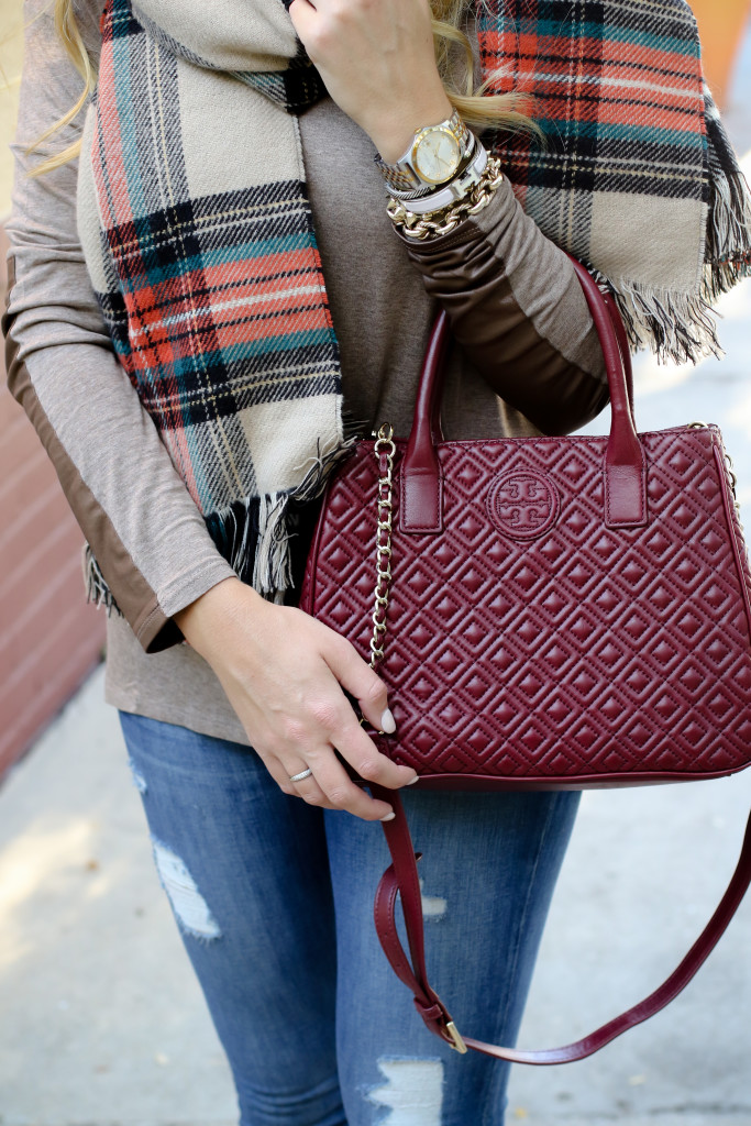 Scarf with Elbow Patch and Joe Fresh Reversible Scarf with Tory Burch Marion Tote in Red Agate_-12