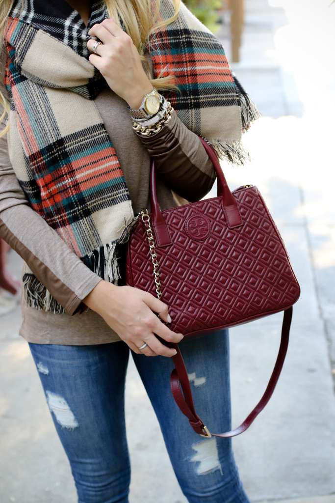 Scarf with Elbow Patch and Joe Fresh Reversible Scarf with Tory Burch Marion Tote in Red Agate_-13