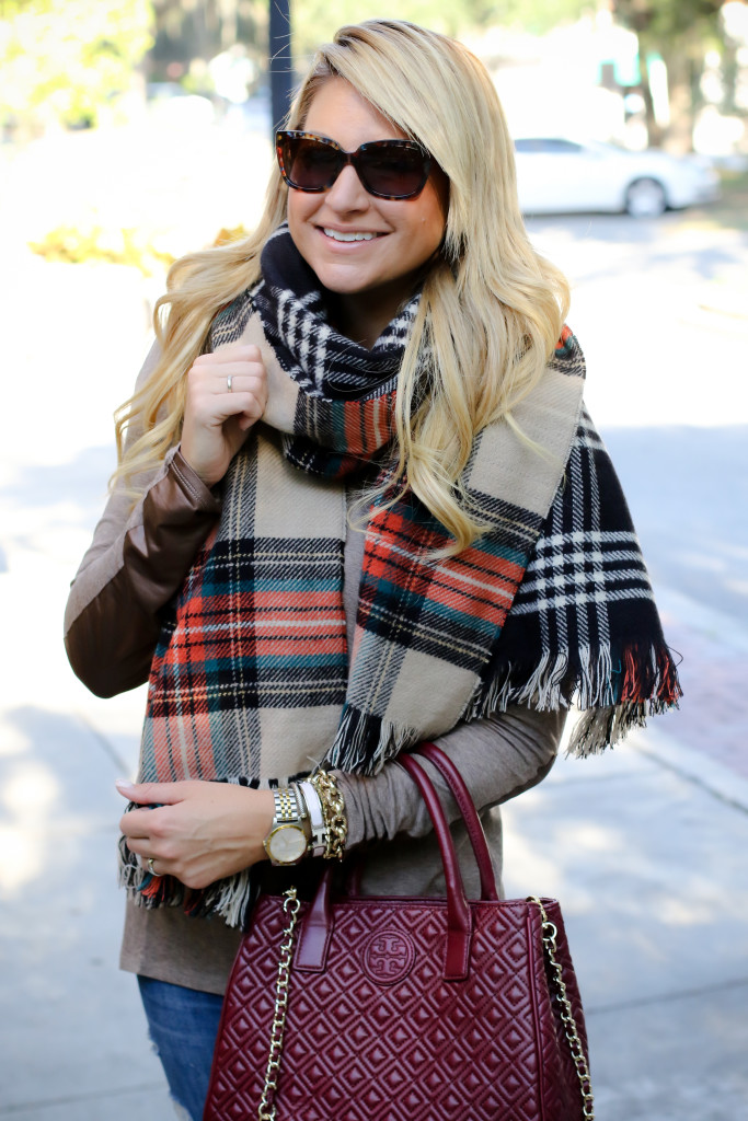 Scarf with Elbow Patch and Joe Fresh Reversible Scarf with Tory Burch Marion Tote in Red Agate_-14
