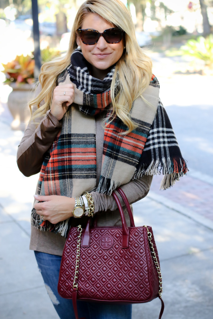 Scarf with Elbow Patch and Joe Fresh Reversible Scarf with Tory Burch Marion Tote in Red Agate_-15