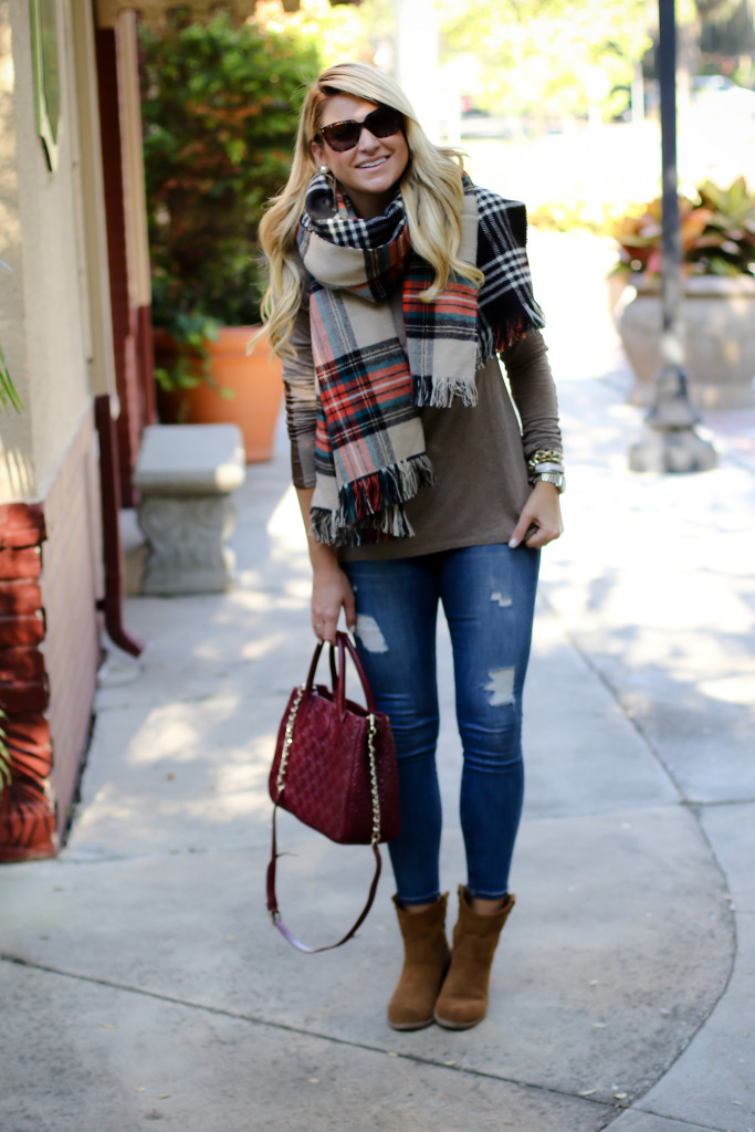 Scarf with Elbow Patch and Joe Fresh Reversible Scarf with Tory Burch Marion Tote in Red Agate_-3