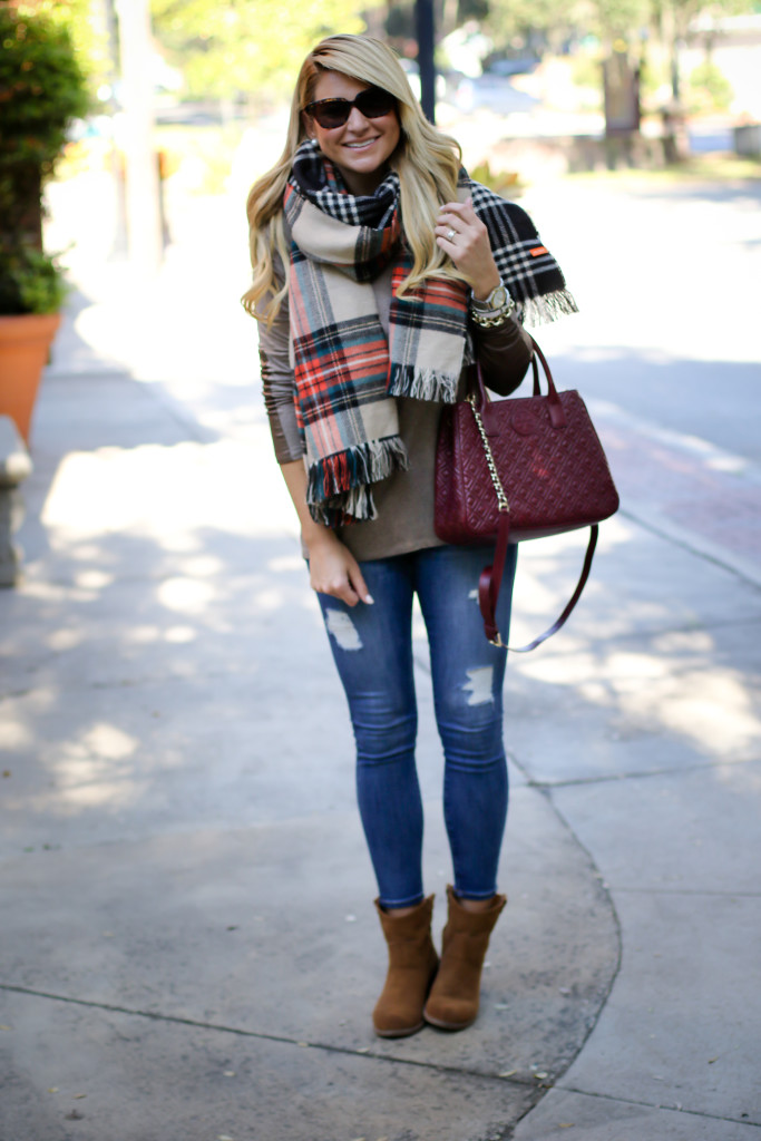 Scarf with Elbow Patch and Joe Fresh Reversible Scarf with Tory Burch Marion Tote in Red Agate_-4