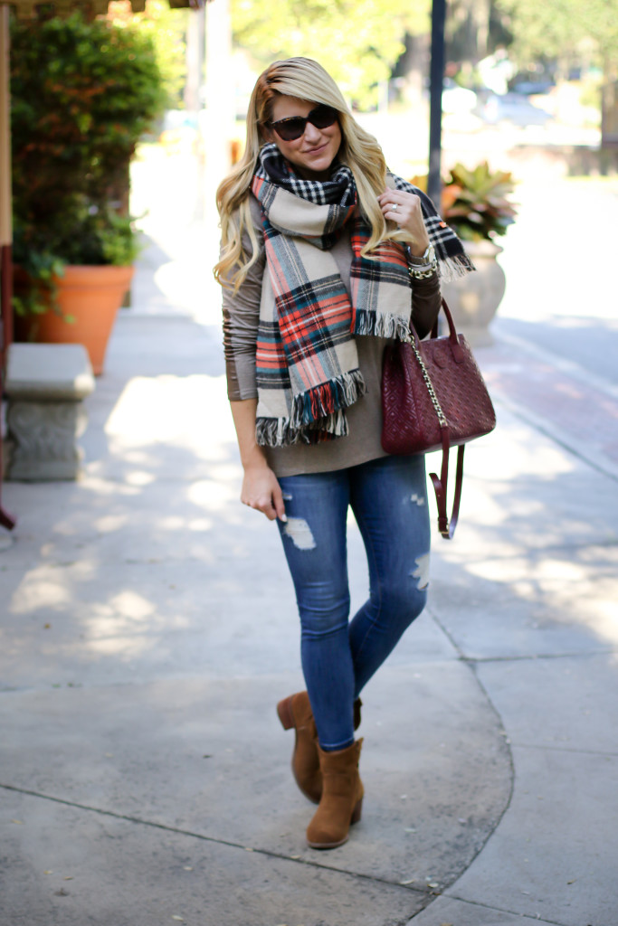 Scarf with Elbow Patch and Joe Fresh Reversible Scarf with Tory Burch Marion Tote in Red Agate_-5