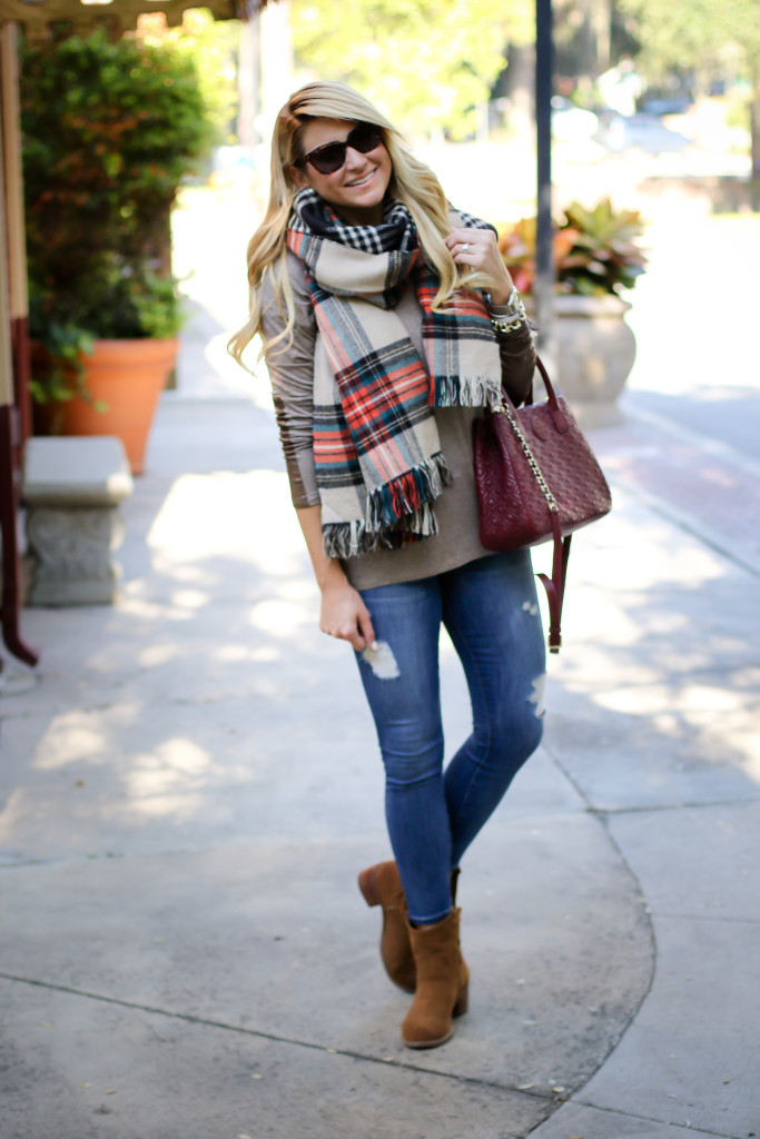 Scarf with Elbow Patch and Joe Fresh Reversible Scarf with Tory Burch Marion Tote in Red Agate_-6