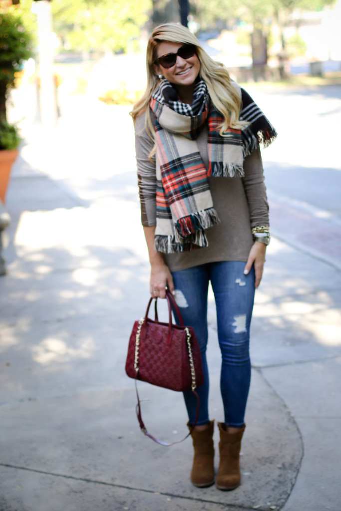 Scarf with Elbow Patch and Joe Fresh Reversible Scarf with Tory Burch Marion Tote in Red Agate_-7