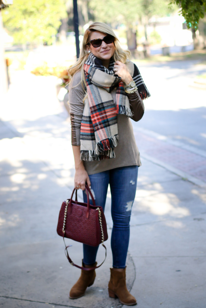 Scarf with Elbow Patch and Joe Fresh Reversible Scarf with Tory Burch Marion Tote in Red Agate_-8