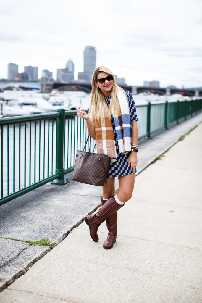 Stripe Dress and Blanket Scarf with Tory Burch Riding Derby Boots