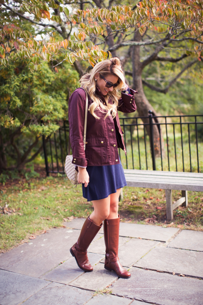 Stripe Dress with J.Crew Field Jacket and Tory Burch Riding Boots-3
