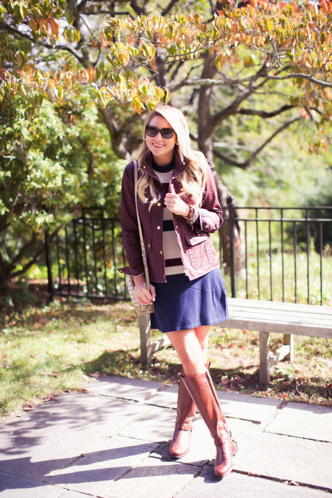 Stripe Dress with J.Crew Field Jacket and Tory Burch Riding Boots-4