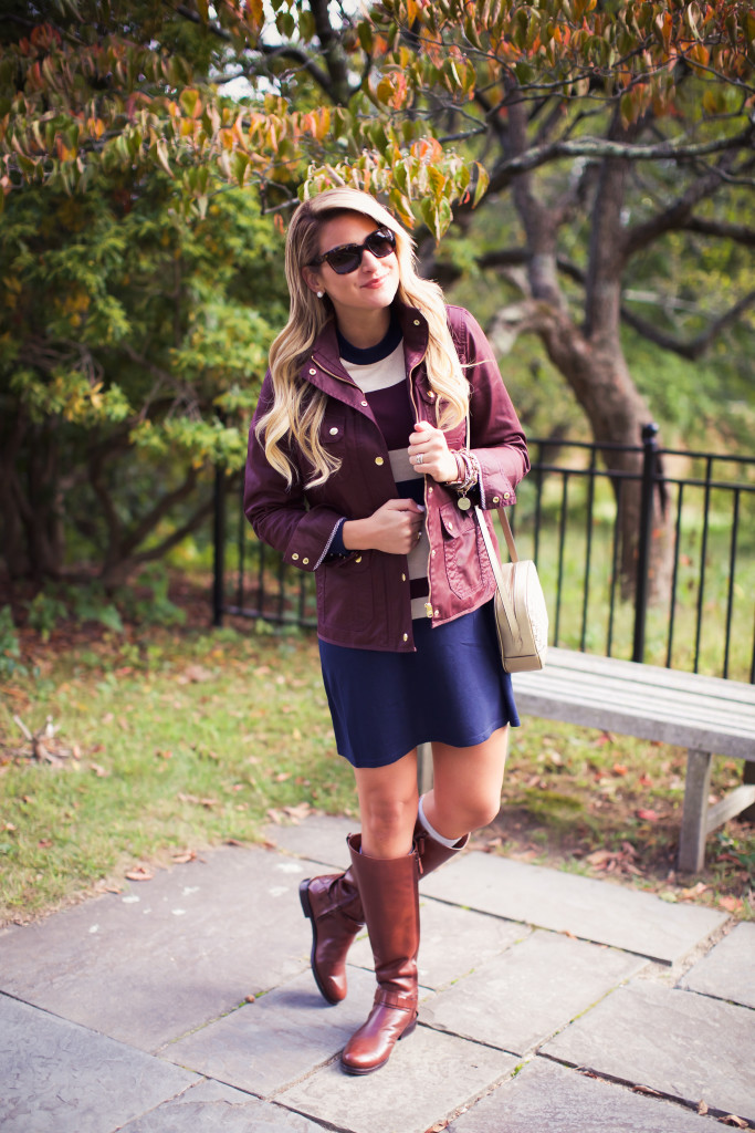 Stripe Dress with J.Crew Field Jacket and Tory Burch Riding Boots