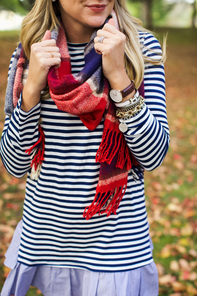 Stripe Ruffle Hem Dress. How to wear and style Hunter boots in the fall. Preppy Southern New England Style._-11