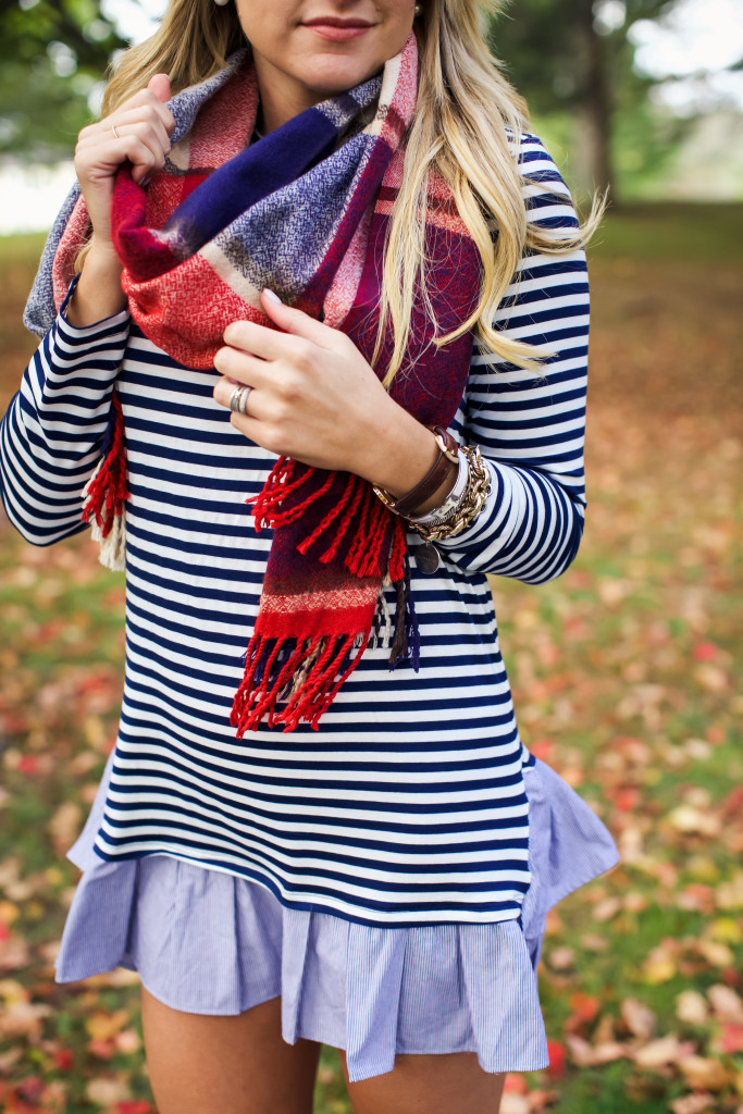 Stripe Ruffle Hem Dress. How to wear and style Hunter boots in the fall. Preppy Southern New England Style._-13
