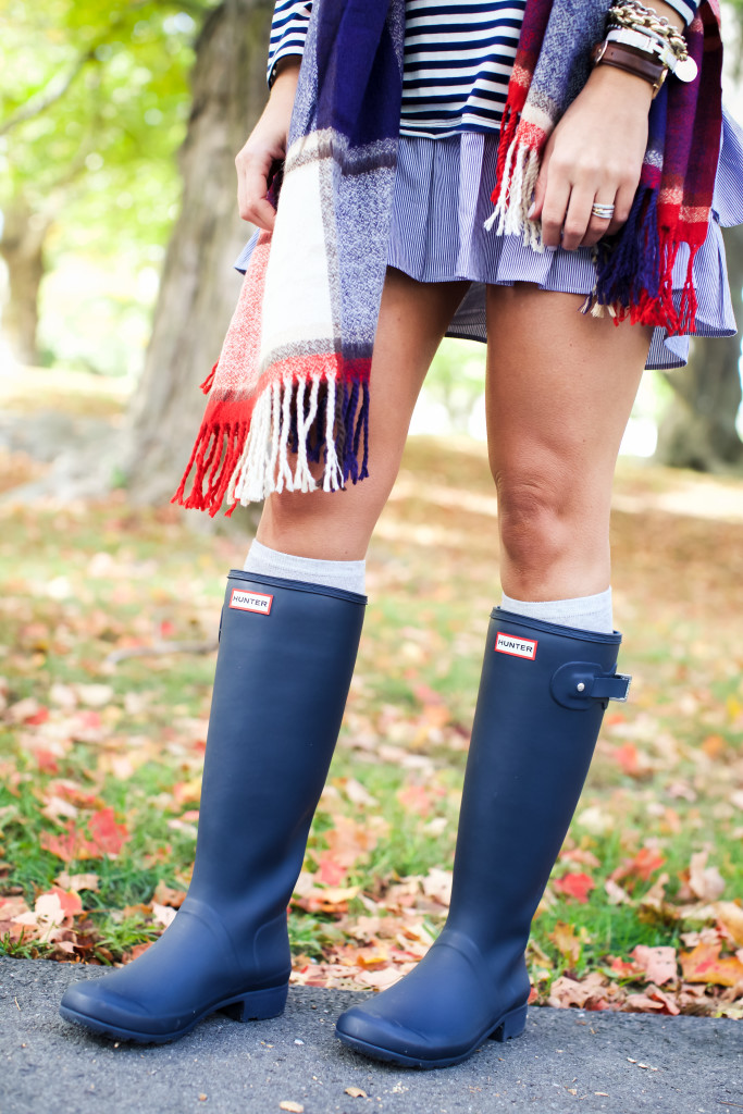 Stripe Ruffle Hem Dress. How to wear and style Hunter boots in the fall. Preppy Southern New England Style._-15