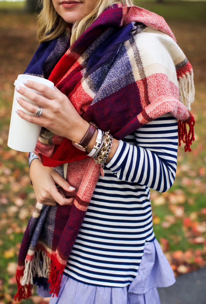 Stripe Ruffle Hem Dress. How to wear and style Hunter boots in the fall. Preppy Southern New England Style._-16