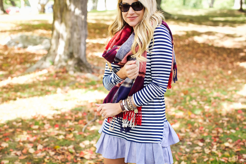 Stripe Ruffle Hem Dress. How to wear and style Hunter boots in the fall. Preppy Southern New England Style._-17