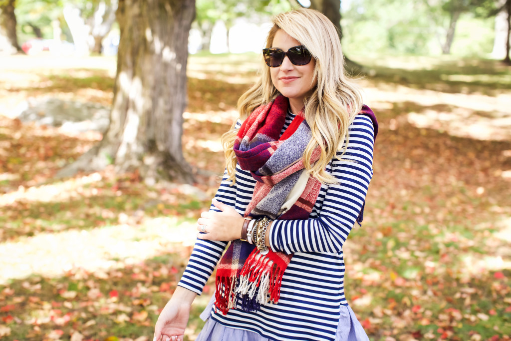 Stripe Ruffle Hem Dress. How to wear and style Hunter boots in the fall. Preppy Southern New England Style._-18