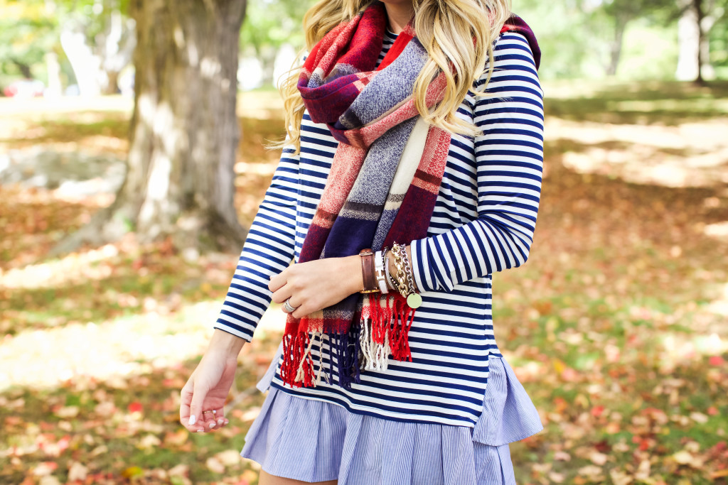 Stripe Ruffle Hem Dress. How to wear and style Hunter boots in the fall. Preppy Southern New England Style._-19