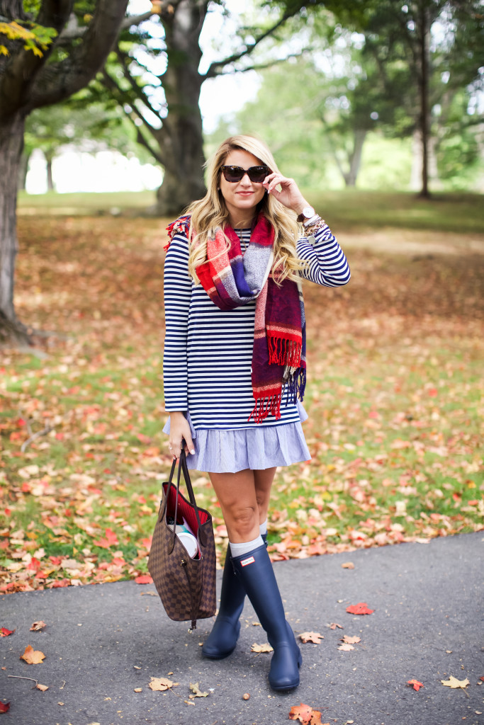 Stripe Ruffle Hem Dress. How to wear and style Hunter boots in the fall. Preppy Southern New England Style._-5