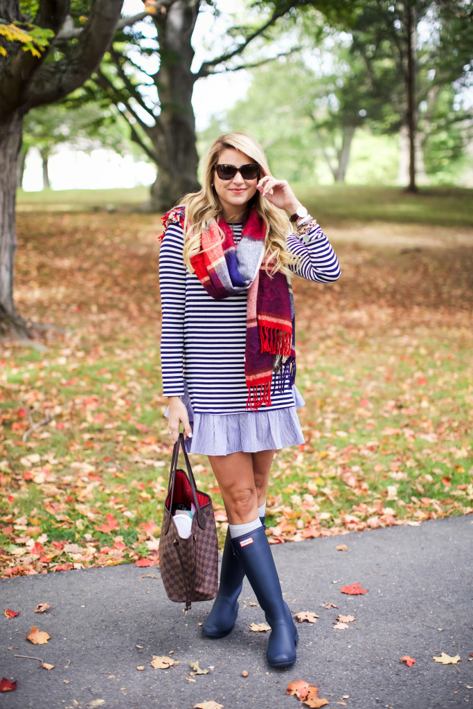 Stripe Ruffle Hem Dress. How to wear and style Hunter boots in the fall. Preppy Southern New England Style._-6