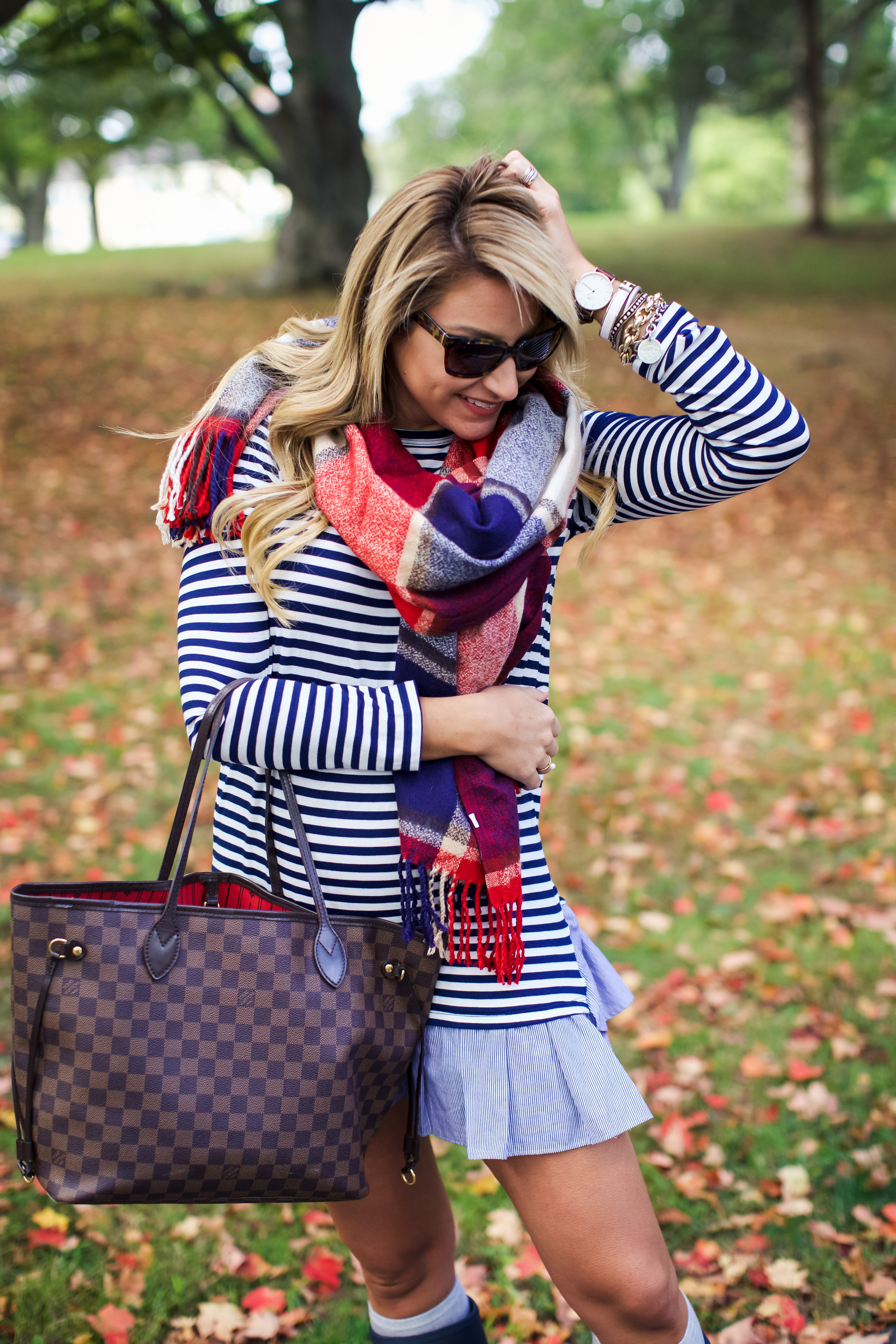 Outfit, Stripe Dress Plaid Scarf - SHOP DANDY