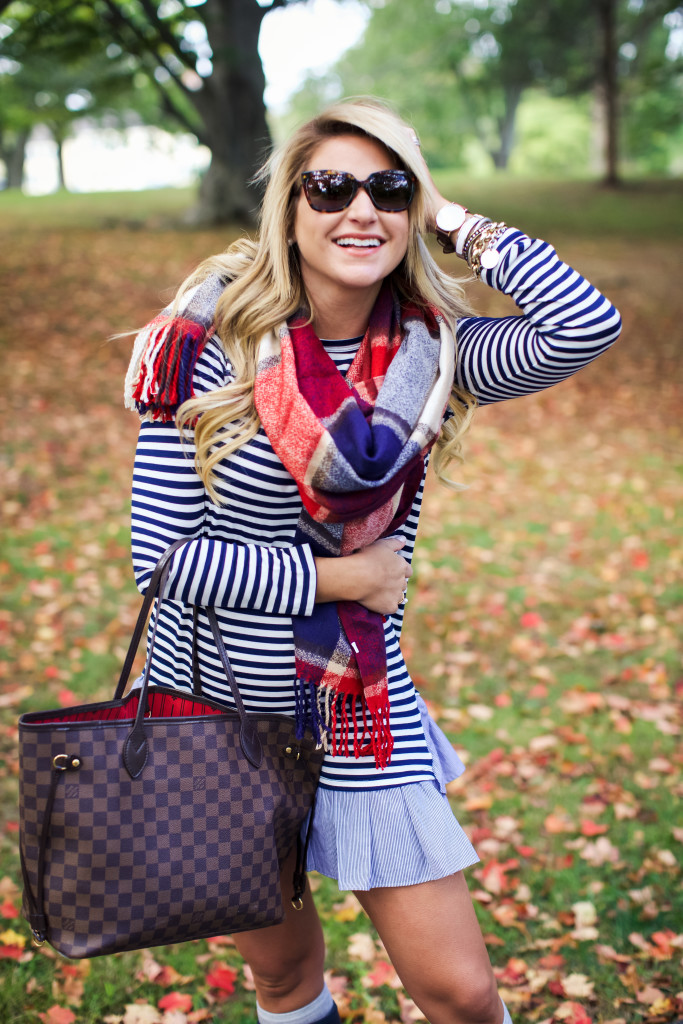 Stripe Ruffle Hem Dress. How to wear and style Hunter boots in the fall. Preppy Southern New England Style._-9