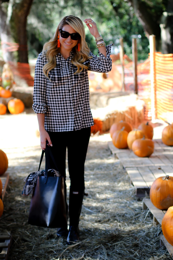What to wear to the pumpkin patch. Black Hunter Boots. October Plaid Scarf. Gingham Shirt. Tassel Earrings-10