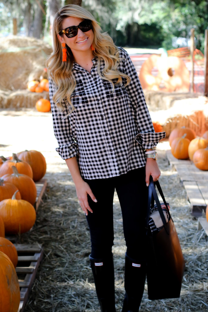 What to wear to the pumpkin patch. Black Hunter Boots. October Plaid Scarf. Gingham Shirt. Tassel Earrings-11