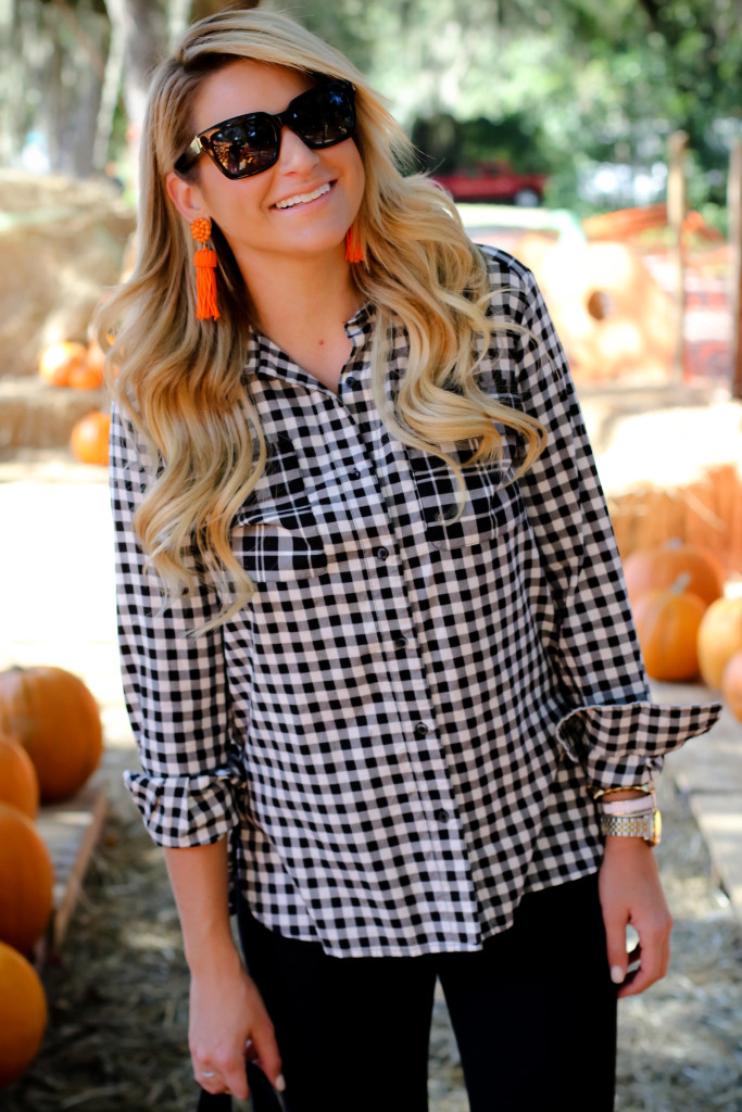 What to wear to the pumpkin patch. Black Hunter Boots. October Plaid Scarf. Gingham Shirt. Tassel Earrings-12