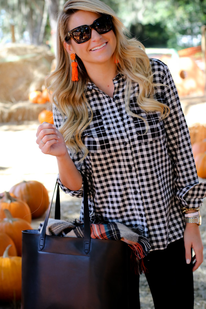 What to wear to the pumpkin patch. Black Hunter Boots. October Plaid Scarf. Gingham Shirt. Tassel Earrings-13