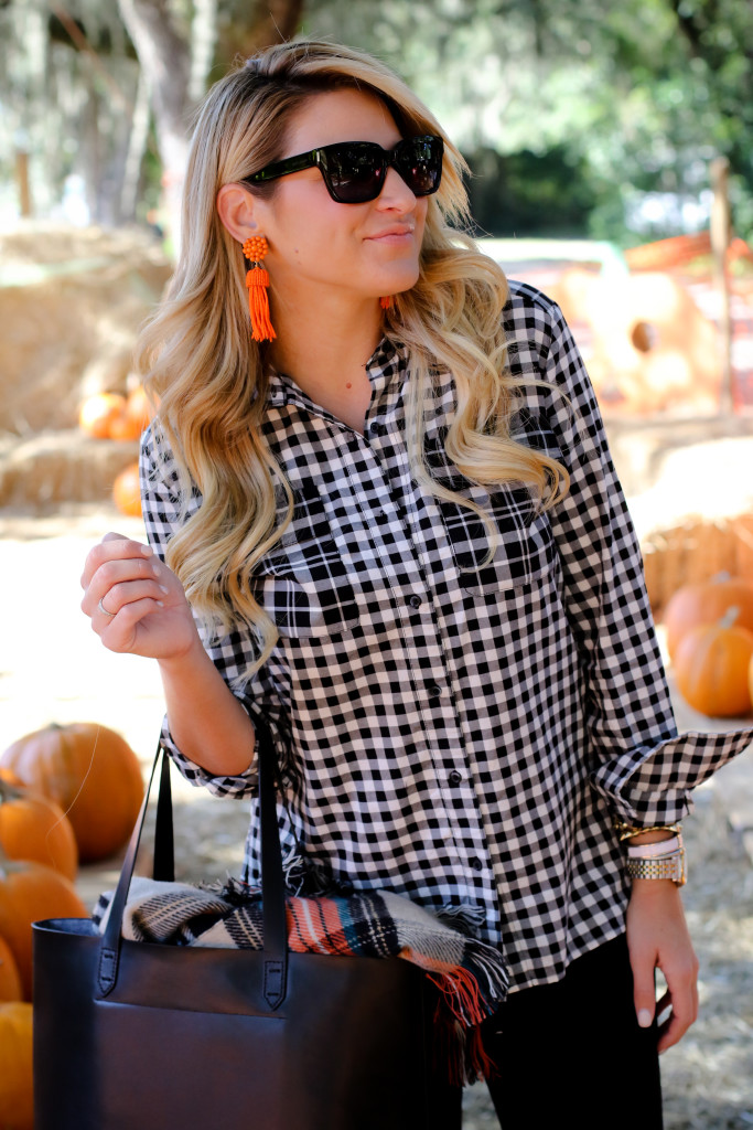 What to wear to the pumpkin patch. Black Hunter Boots. October Plaid Scarf. Gingham Shirt. Tassel Earrings-14