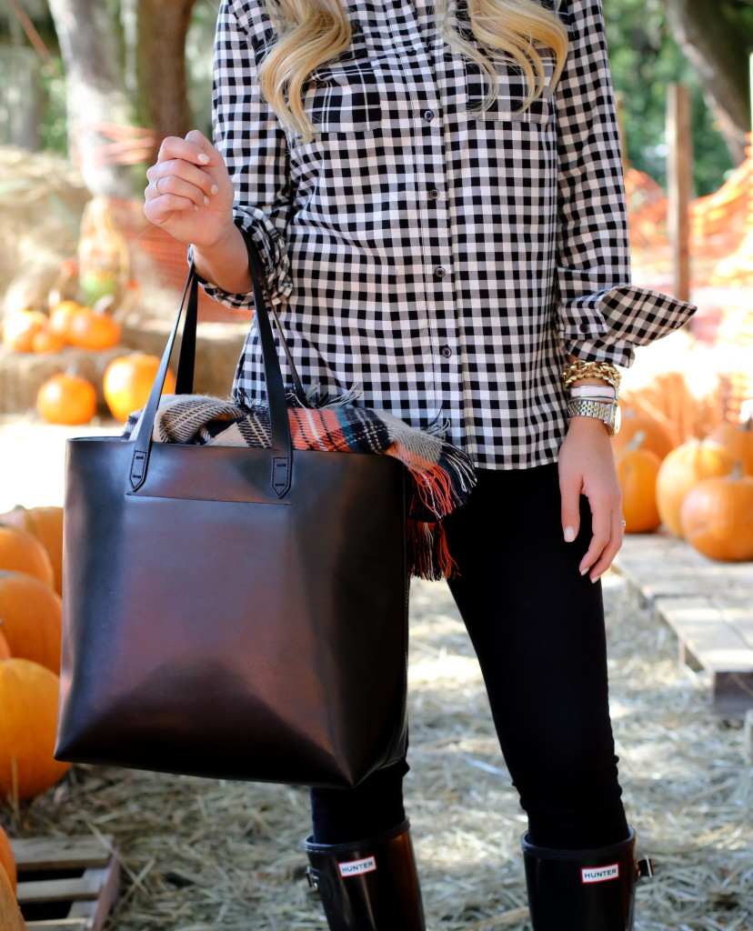 What to wear to the pumpkin patch. Black Hunter Boots. October Plaid Scarf. Gingham Shirt. Tassel Earrings-16