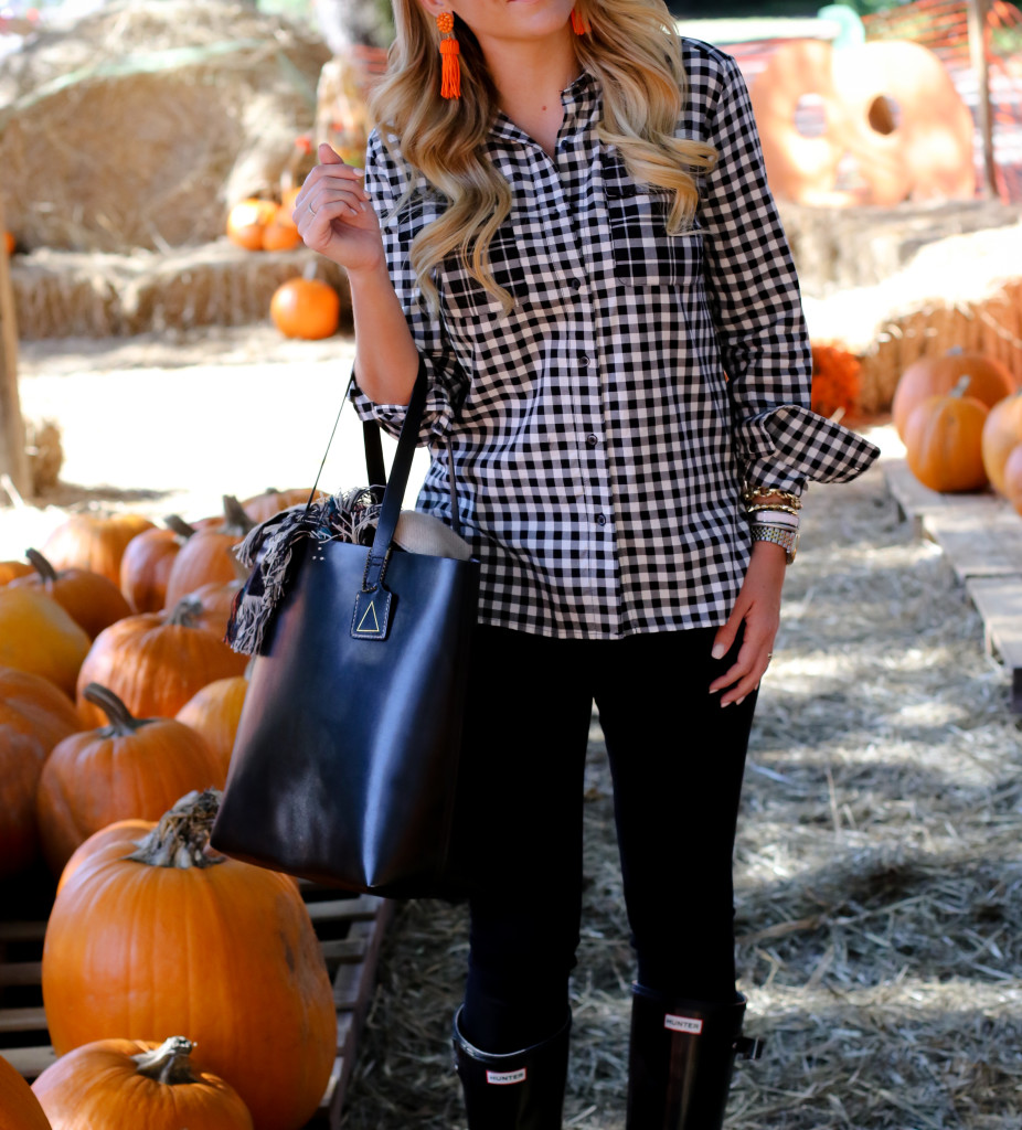 What to wear to the pumpkin patch. Black Hunter Boots. October Plaid Scarf. Gingham Shirt. Tassel Earrings-26
