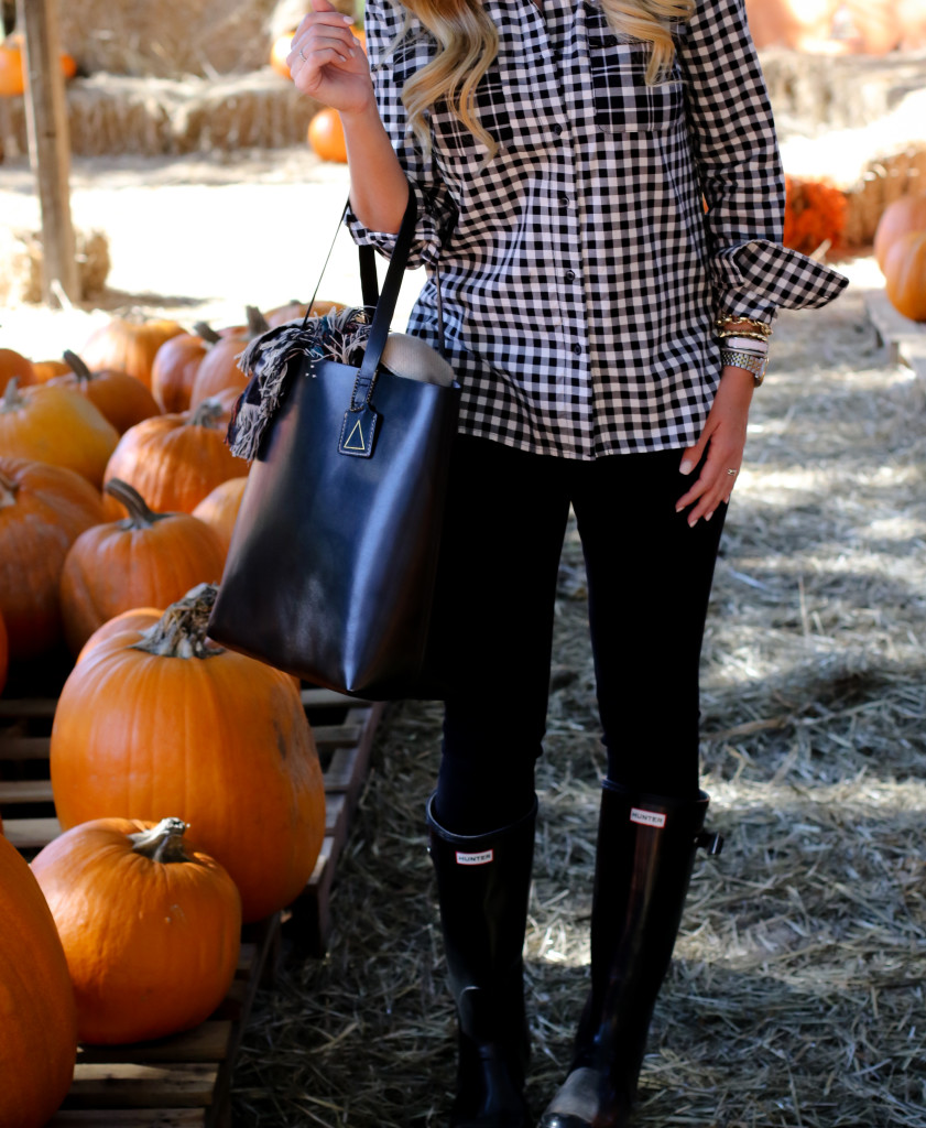 What to wear to the pumpkin patch. Black Hunter Boots. October Plaid Scarf. Gingham Shirt. Tassel Earrings-27
