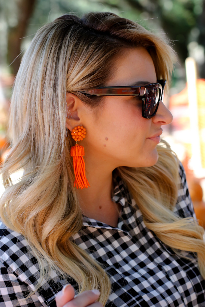 What to wear to the pumpkin patch. Black Hunter Boots. October Plaid Scarf. Gingham Shirt. Tassel Earrings-31