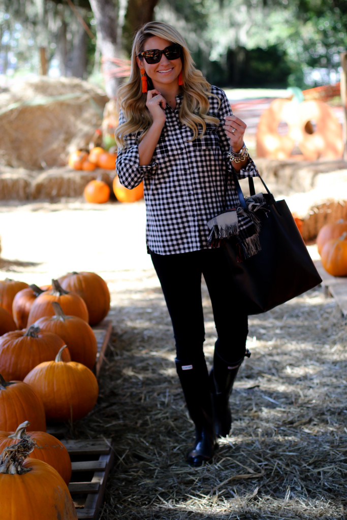 What to wear to the pumpkin patch. Black Hunter Boots. October Plaid Scarf. Gingham Shirt. Tassel Earrings-4