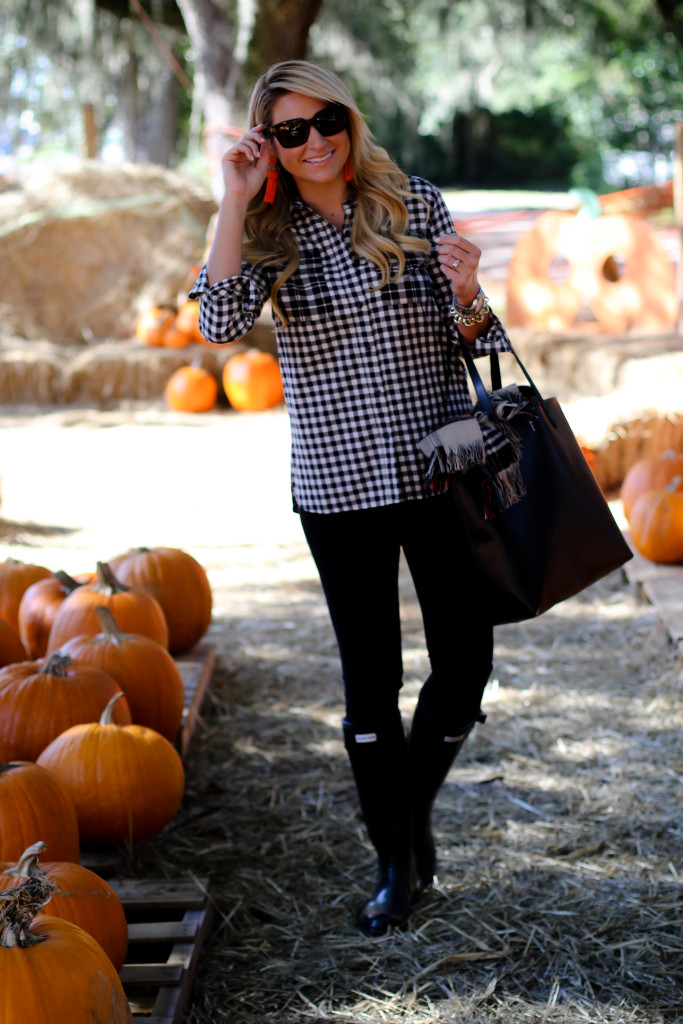 What to wear to the pumpkin patch. Black Hunter Boots. October Plaid Scarf. Gingham Shirt. Tassel Earrings-6