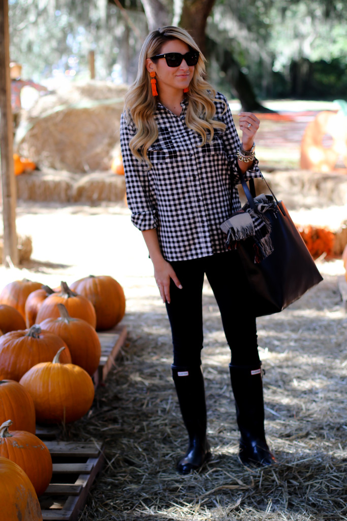 What to wear to the pumpkin patch. Black Hunter Boots. October Plaid Scarf. Gingham Shirt. Tassel Earrings-7