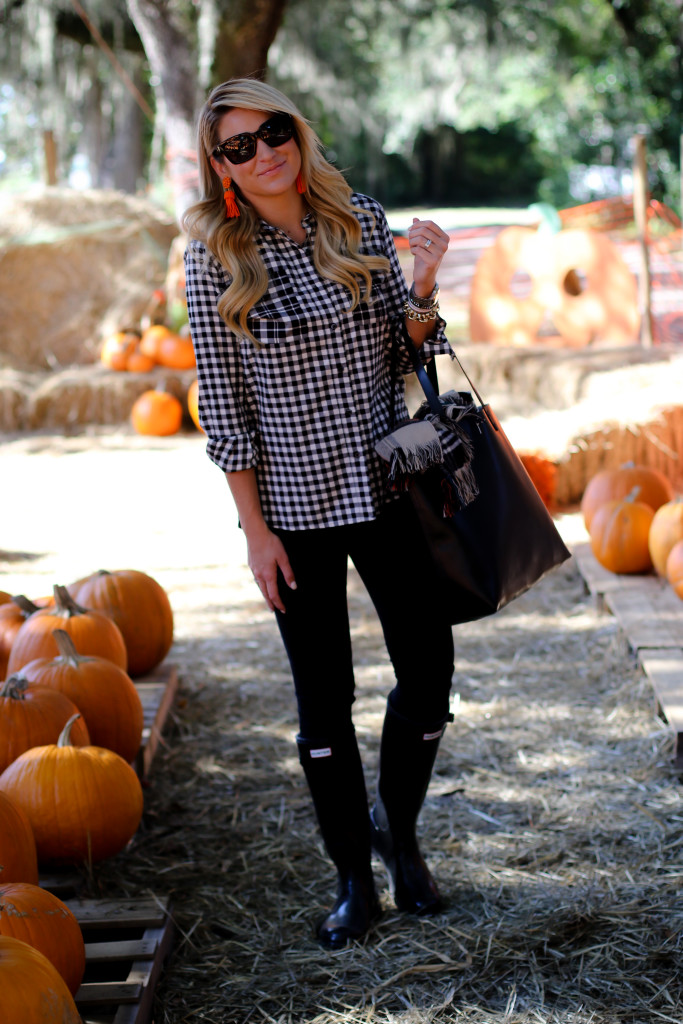 What to wear to the pumpkin patch. Black Hunter Boots. October Plaid Scarf. Gingham Shirt. Tassel Earrings-9