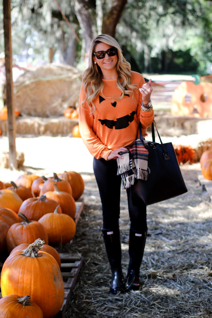Wildfox Pumpkin Sweatshirt. What to wear to the pumpkin patch. Black Hunter Boots. October Plaid Scarf._-10