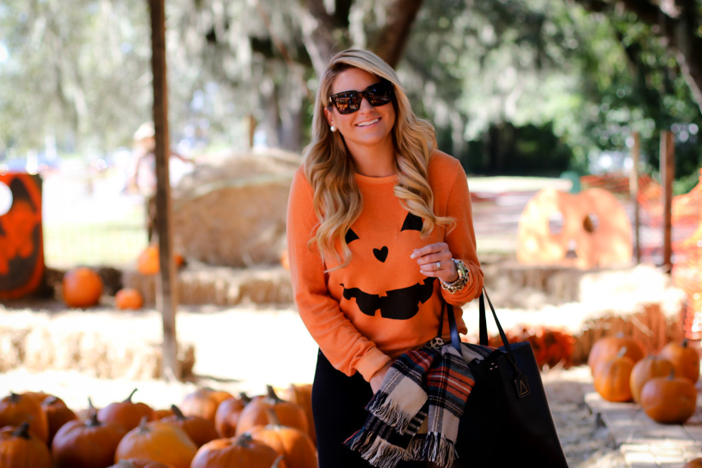 Wildfox Pumpkin Sweatshirt. What to wear to the pumpkin patch. Black Hunter Boots. October Plaid Scarf._-11