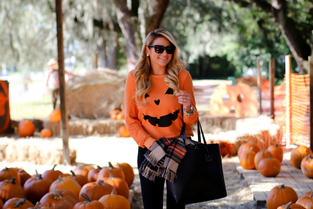 Wildfox Pumpkin Sweatshirt. What to wear to the pumpkin patch. Black Hunter Boots. October Plaid Scarf._-12